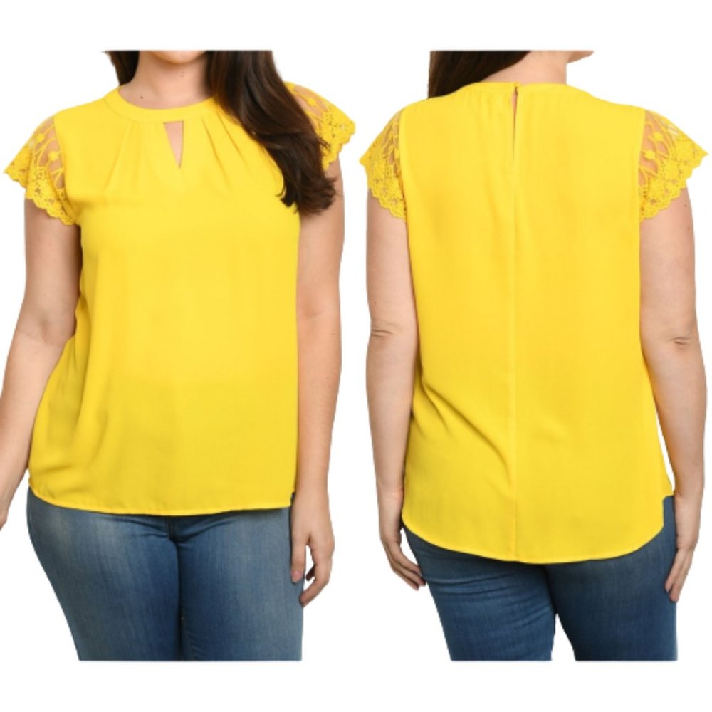 Angela Plus Yellow Blouse NWT Keyhole Neck Lace Cap Sleeves Solid